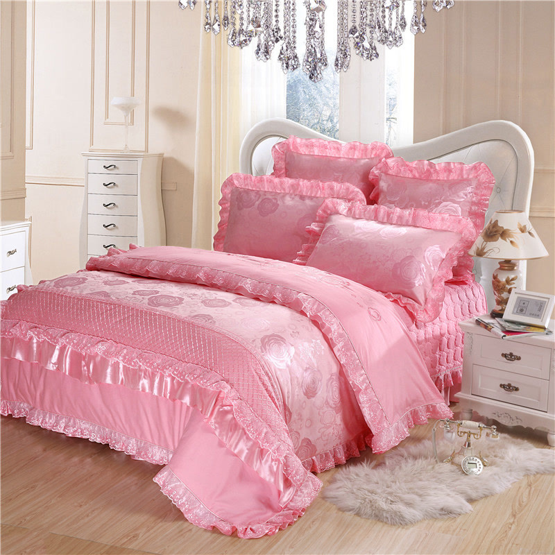 雅巢家纺 婚庆四件套六件套床品 结婚床上用品 床盖式大红色粉色