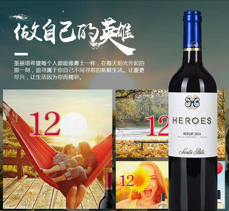 智利进口红酒 圣丽塔(santa rita)英雄系列美乐干红葡萄酒 2016年 750